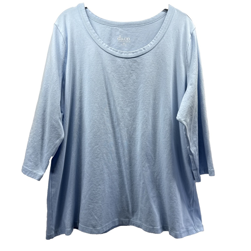 Denim & Co Women's Top Size 1X Solid Baby Blue 3/4 Sleeve Cotton Blend Pullover